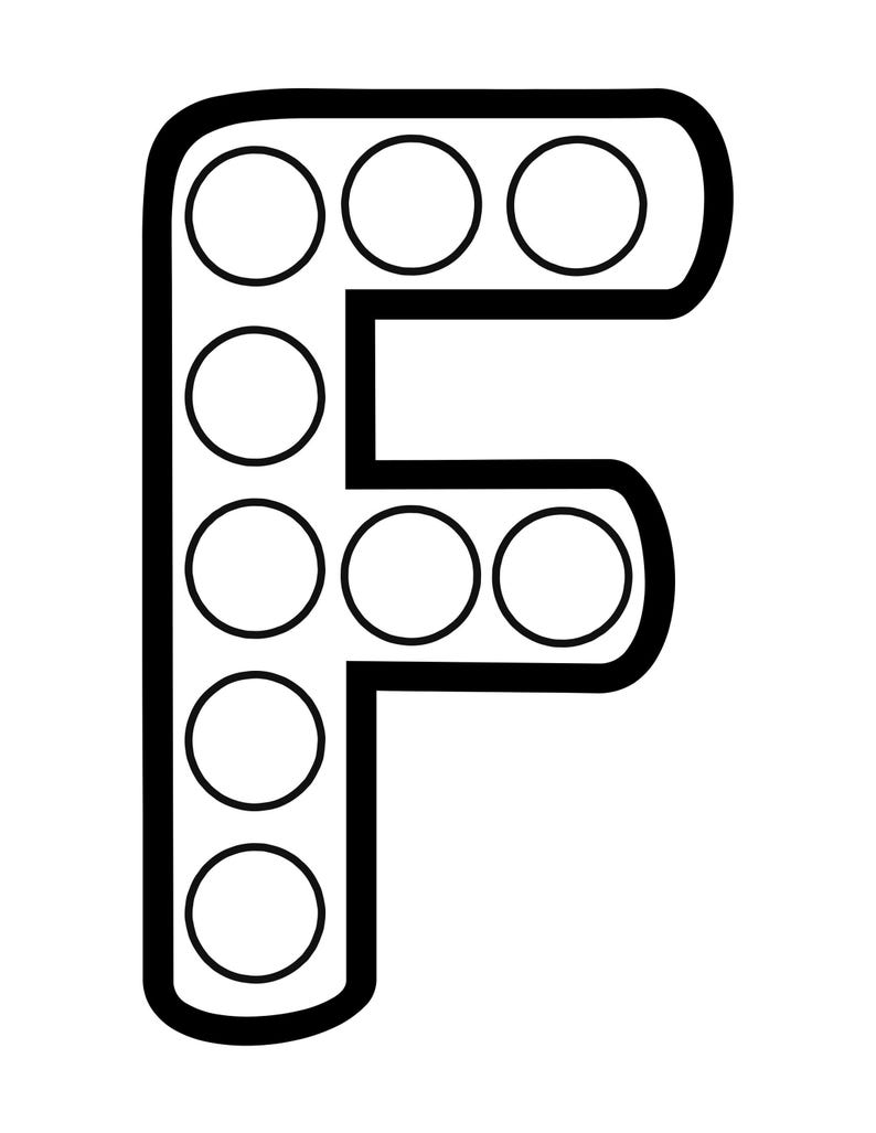 A black and white outline of the uppercase letter F featuring blank circles along the vertical stem and horizontal arms.