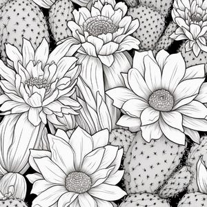 Pode incluir: Uma ilustra&ccedil;&atilde;o de arte linear em preto e branco apresentando um padr&atilde;o denso de flores de cacto em flora&ccedil;&atilde;o e palmas de cacto. O desenho detalhado mostra v&aacute;rias flores grandes de p&eacute;talas m&uacute;ltiplas entre v&aacute;rios segmentos de cacto.