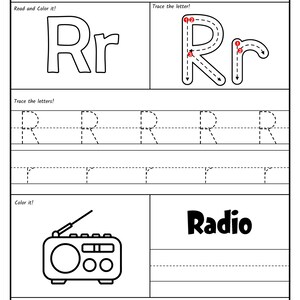 A black-and-white alphabet worksheet for the letter R featuring stroke order guides, uppercase and lowercase tracing lines, a coloring picture of a radio, and a letter recognition activity at the bottom.