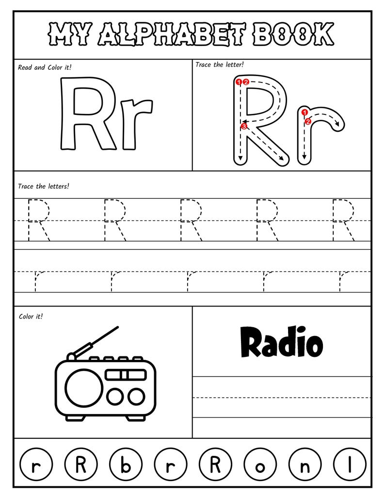 A black-and-white alphabet worksheet for the letter R featuring stroke order guides, uppercase and lowercase tracing lines, a coloring picture of a radio, and a letter recognition activity at the bottom.