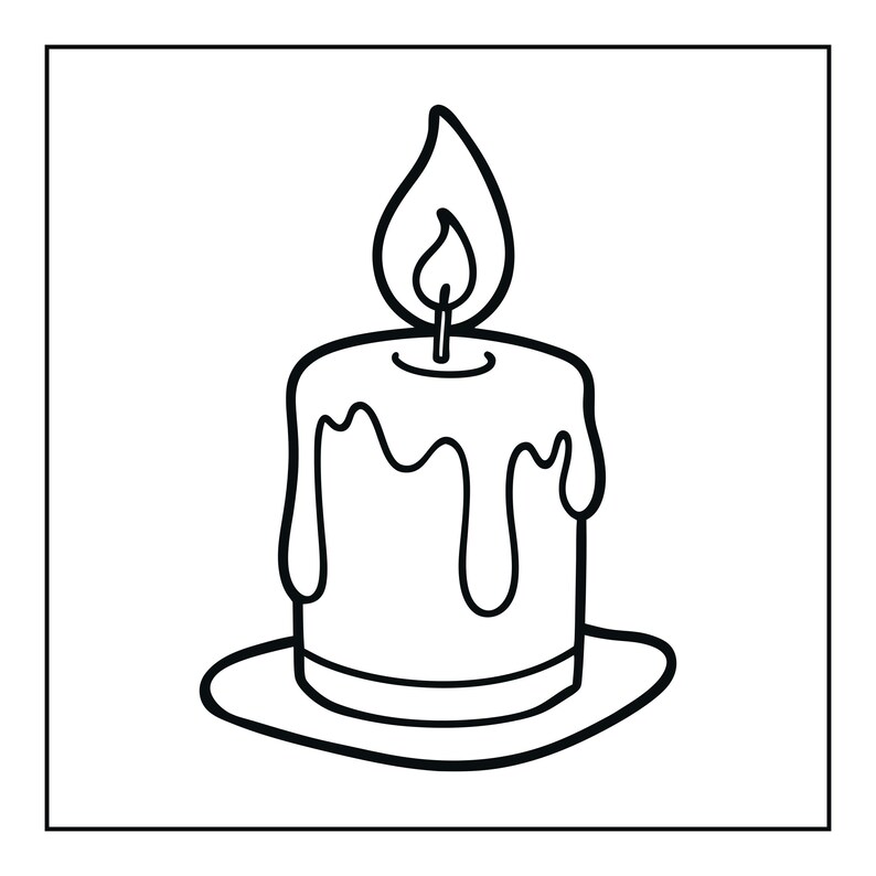 Peut inclure: Une illustration en noir et blanc au trait repr&eacute;sentant une bougie cylindrique avec de la cire coulant sur les c&ocirc;t&eacute;s. La bougie pr&eacute;sente une flamme unique au sommet et repose sur une base circulaire, le tout dans un cadre carr&eacute; simple.