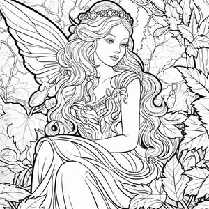 May include: A black and white line art coloring page illustration featuring a fairy with long flowing hair, a floral crown, and large wings. The figure is seated amidst dense foliage, detailed leaves, and vines, rendered with clean outlines.
