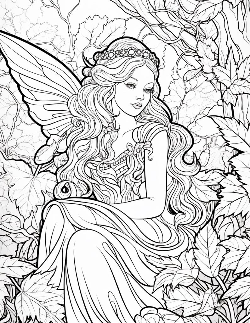 May include: A black and white line art coloring page illustration featuring a fairy with long flowing hair, a floral crown, and large wings. The figure is seated amidst dense foliage, detailed leaves, and vines, rendered with clean outlines.