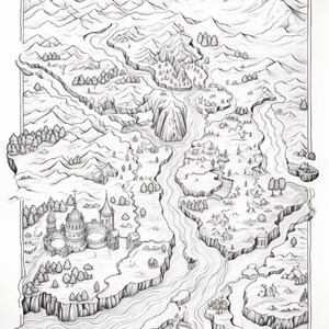 Pode incluir: Uma ilustra&ccedil;&atilde;o a tinta preta e branca de um mapa de fantasia com um grande castelo com v&aacute;rias torres, rios sinuosos, florestas densas e cadeias de montanhas irregulares. A paisagem &eacute; dividida por cursos de &aacute;gua e inclui pequenos edif&iacute;cios.