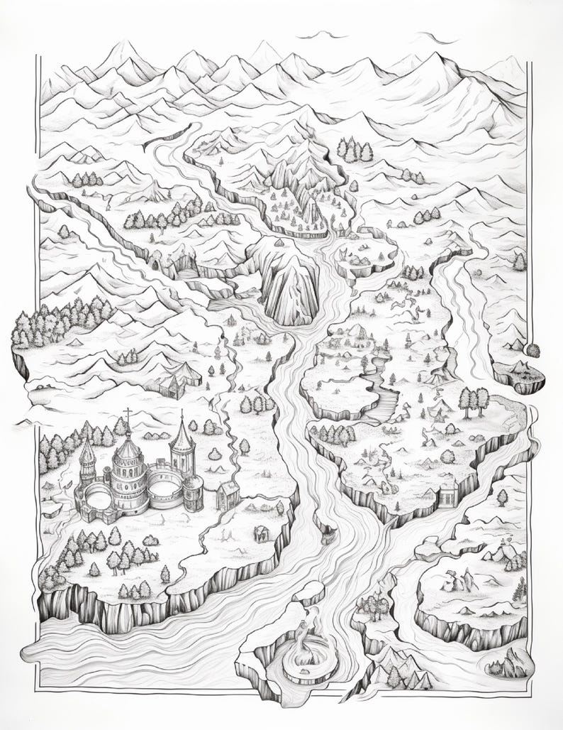 Pode incluir: Uma ilustra&ccedil;&atilde;o a tinta preta e branca de um mapa de fantasia com um grande castelo com v&aacute;rias torres, rios sinuosos, florestas densas e cadeias de montanhas irregulares. A paisagem &eacute; dividida por cursos de &aacute;gua e inclui pequenos edif&iacute;cios.