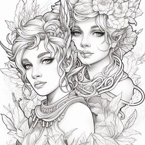 May include: A black and white line art illustration featuring two figures with detailed facial features, wavy hair, and pointed ears. The figures are surrounded by intricate floral and leaf patterns, with one figure wearing a headpiece of flowers.