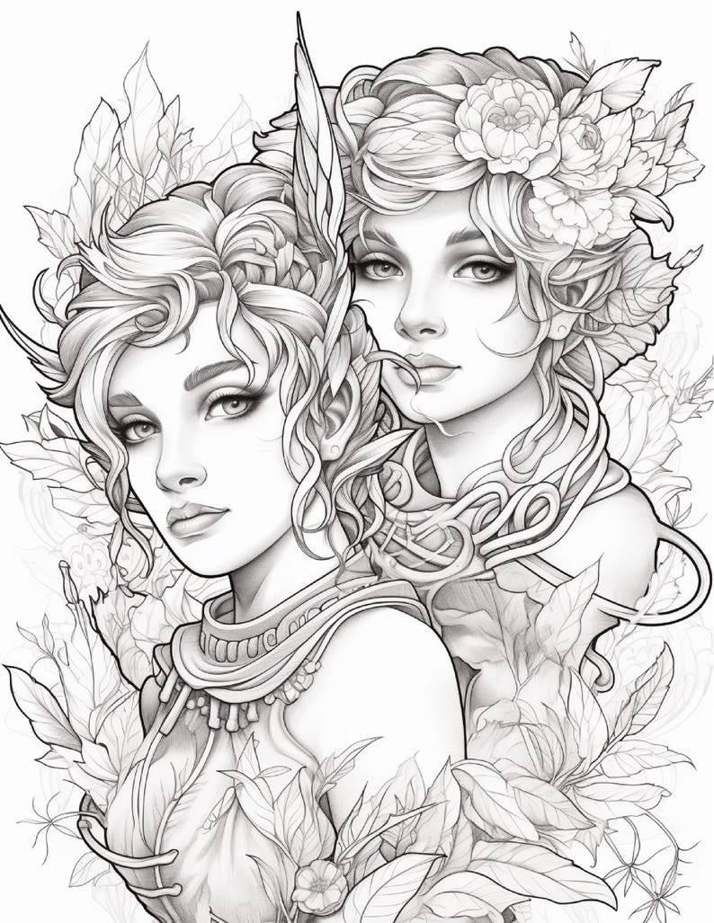 May include: A black and white line art illustration featuring two figures with detailed facial features, wavy hair, and pointed ears. The figures are surrounded by intricate floral and leaf patterns, with one figure wearing a headpiece of flowers.