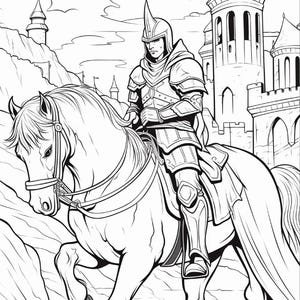 Op de afbeelding: Een zwart-wit lijntekening van een ridder in harnas op een paard. De ridder draagt een helm met een puntige kam. Op de achtergrond staat een groot stenen kasteel met hoge torens tegen een lucht met wolken.