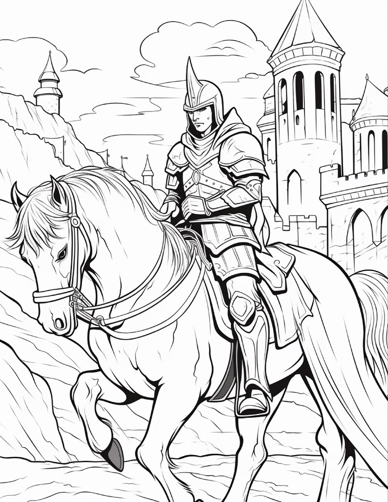 Op de afbeelding: Een zwart-wit lijntekening van een ridder in harnas op een paard. De ridder draagt een helm met een puntige kam. Op de achtergrond staat een groot stenen kasteel met hoge torens tegen een lucht met wolken.