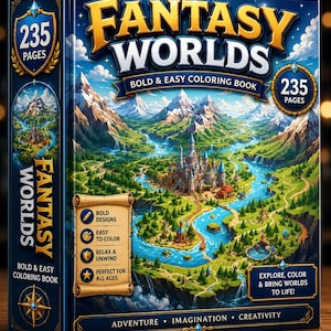 Pode incluir: Um livro de colorir Fantasy Worlds Bold & Easy com 235 p&aacute;ginas. A capa apresenta uma ilustra&ccedil;&atilde;o vibrante de um castelo num vale montanhoso com rios e florestas. O texto inclui Bold Designs, Easy to Color, Relax & Unwind e Adventure.