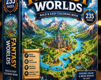 Målarbok Fantasy Worlds | 235 djärva enkla sidor (digital nedladdning)