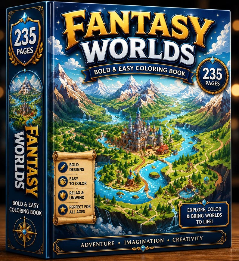 Pode incluir: Um livro de colorir Fantasy Worlds Bold & Easy com 235 p&aacute;ginas. A capa apresenta uma ilustra&ccedil;&atilde;o vibrante de um castelo num vale montanhoso com rios e florestas. O texto inclui Bold Designs, Easy to Color, Relax & Unwind e Adventure.