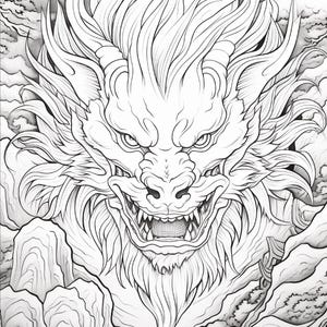May include: A black and white line art illustration of a mythical dragon head with a flowing mane, sharp teeth, and intense eyes. The creature is surrounded by stylized clouds and rocky mountain formations, rendered with intricate ink-style strokes.