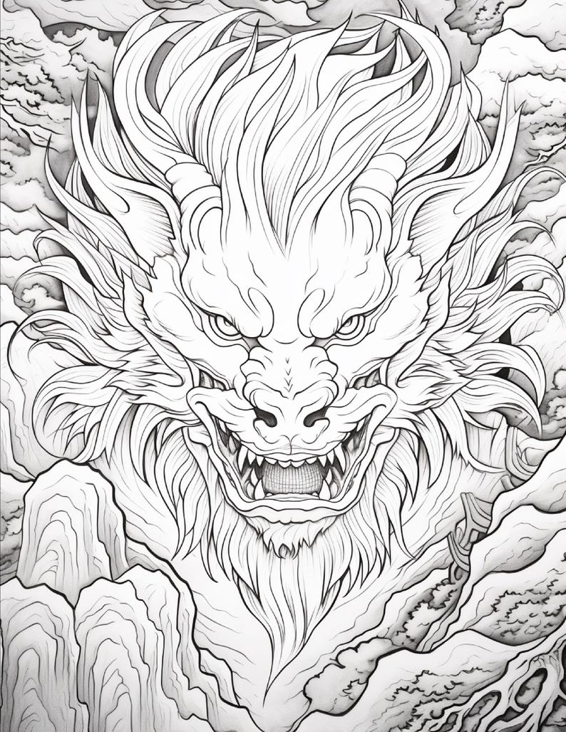 May include: A black and white line art illustration of a mythical dragon head with a flowing mane, sharp teeth, and intense eyes. The creature is surrounded by stylized clouds and rocky mountain formations, rendered with intricate ink-style strokes.