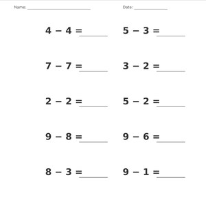 May include: A white educational worksheet titled Subtraction &bull; Single Digit with a gray header. It features ten math problems arranged in two columns, including 4-4, 5-3, 7-7, 3-2, 2-2, 5-2, 9-8, 9-6, 8-3, and 9-1, with blank lines for answers.