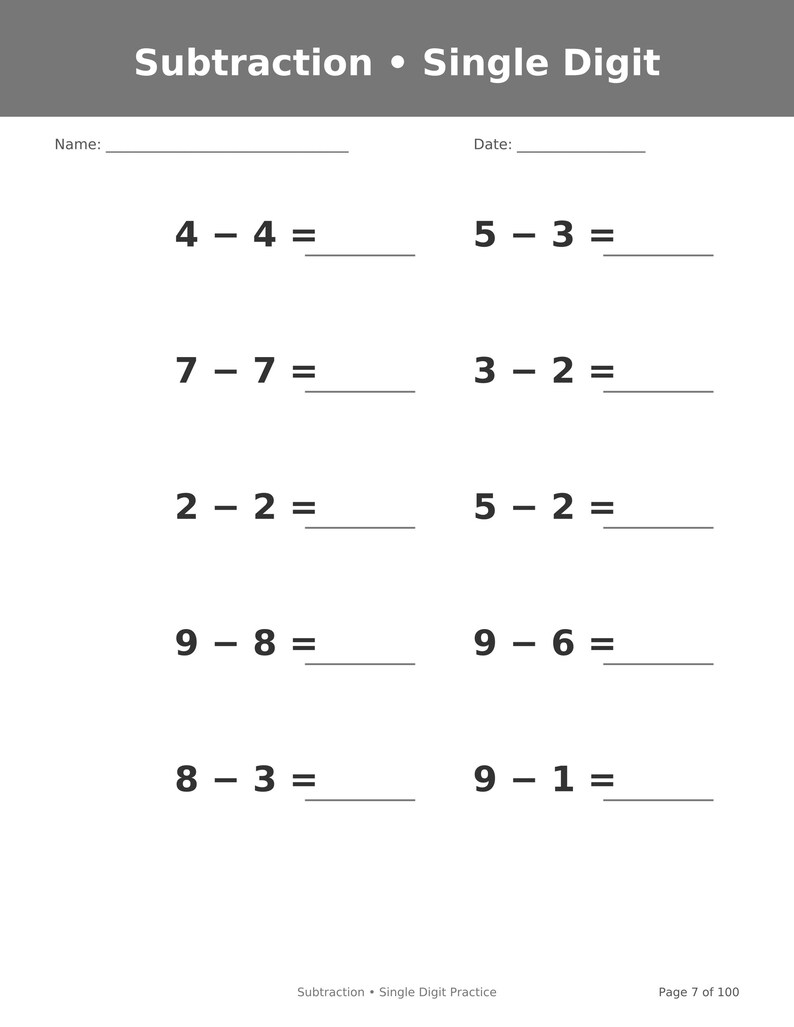 May include: A white educational worksheet titled Subtraction &bull; Single Digit with a gray header. It features ten math problems arranged in two columns, including 4-4, 5-3, 7-7, 3-2, 2-2, 5-2, 9-8, 9-6, 8-3, and 9-1, with blank lines for answers.