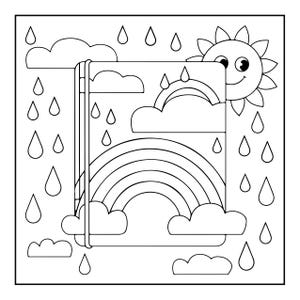 Puede incluir: Una p&aacute;gina para colorear en blanco y negro que muestra un cuaderno rectangular con un dise&ntilde;o de arco&iacute;ris y nubes en la portada. La escena incluye gotas de lluvia, nubes adicionales y un sol sonriente en la esquina superior derecha.