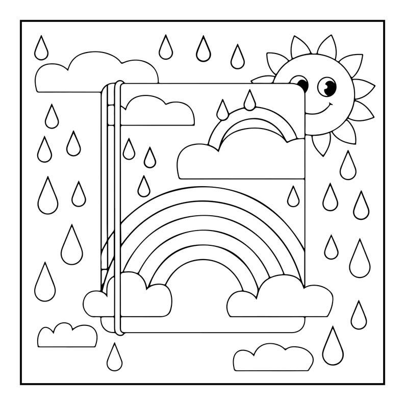 Puede incluir: Una p&aacute;gina para colorear en blanco y negro que muestra un cuaderno rectangular con un dise&ntilde;o de arco&iacute;ris y nubes en la portada. La escena incluye gotas de lluvia, nubes adicionales y un sol sonriente en la esquina superior derecha.