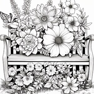 K&ouml;nnte beinhalten: Eine schwarz-wei&szlig;e Strichzeichnung einer h&ouml;lzernen Gartenbank, die mit verschiedenen bl&uuml;henden Blumen wie gro&szlig;en Dahlien und kleineren Bl&uuml;ten &uuml;bers&auml;t ist, wobei ein Schmetterling auf der oberen linken Seite des Blumenarrangements sitzt.