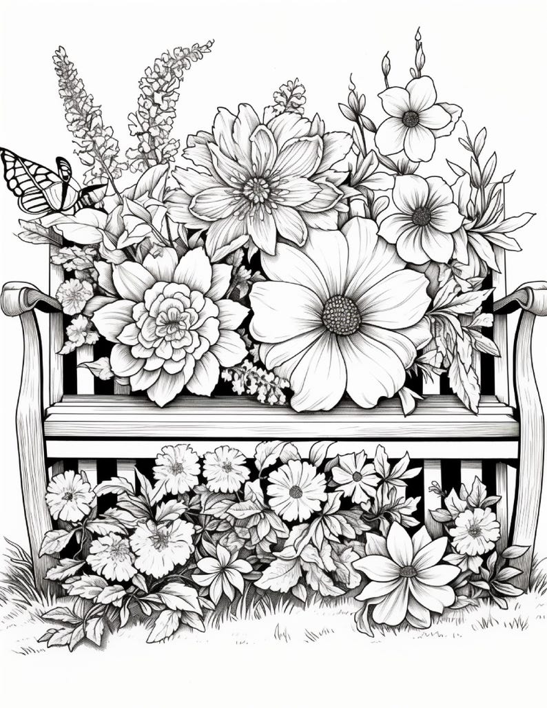 K&ouml;nnte beinhalten: Eine schwarz-wei&szlig;e Strichzeichnung einer h&ouml;lzernen Gartenbank, die mit verschiedenen bl&uuml;henden Blumen wie gro&szlig;en Dahlien und kleineren Bl&uuml;ten &uuml;bers&auml;t ist, wobei ein Schmetterling auf der oberen linken Seite des Blumenarrangements sitzt.