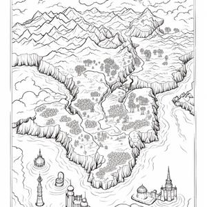 Pode incluir: Uma ilustra&ccedil;&atilde;o a tra&ccedil;o a preto e branco de um mapa de fantasia com uma massa de terra central, florestas, fal&eacute;sias e rios. A paisagem &eacute; delimitada por altas cadeias montanhosas no topo e v&aacute;rias estruturas arquitet&oacute;nicas na &aacute;gua.
