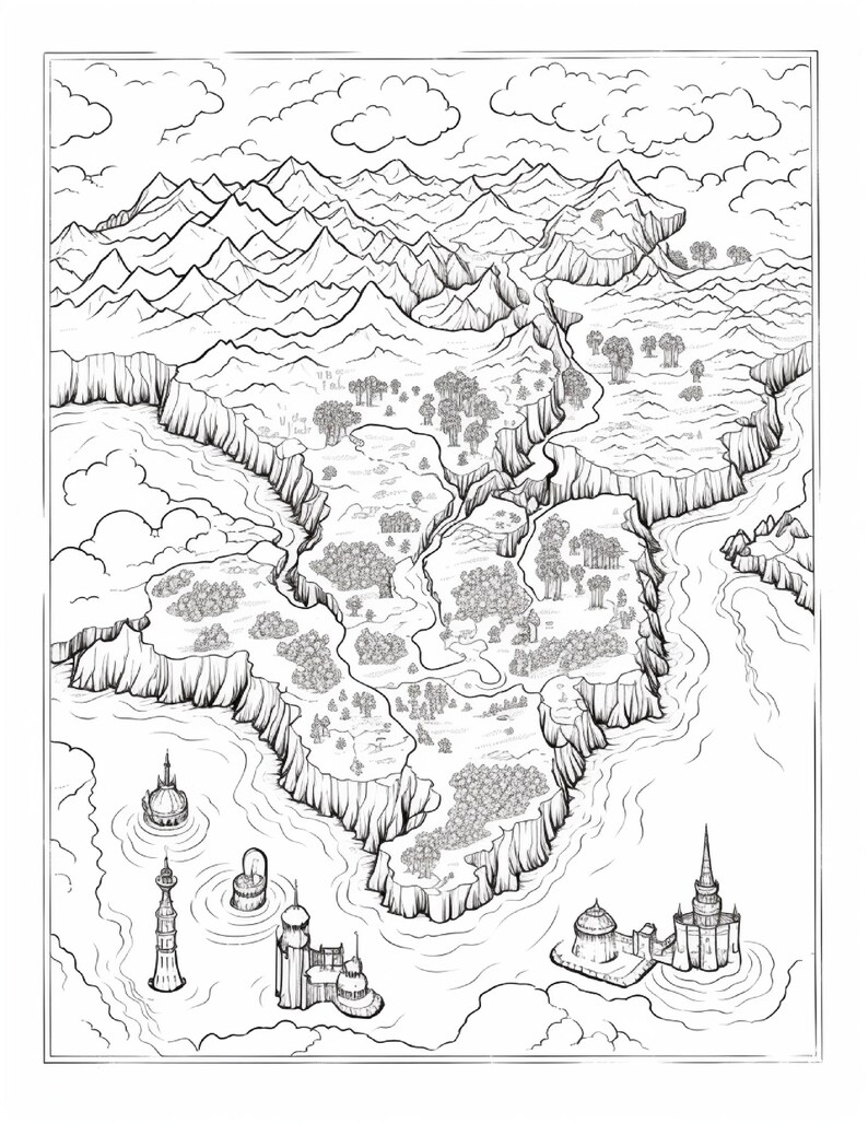 Pode incluir: Uma ilustra&ccedil;&atilde;o a tra&ccedil;o a preto e branco de um mapa de fantasia com uma massa de terra central, florestas, fal&eacute;sias e rios. A paisagem &eacute; delimitada por altas cadeias montanhosas no topo e v&aacute;rias estruturas arquitet&oacute;nicas na &aacute;gua.