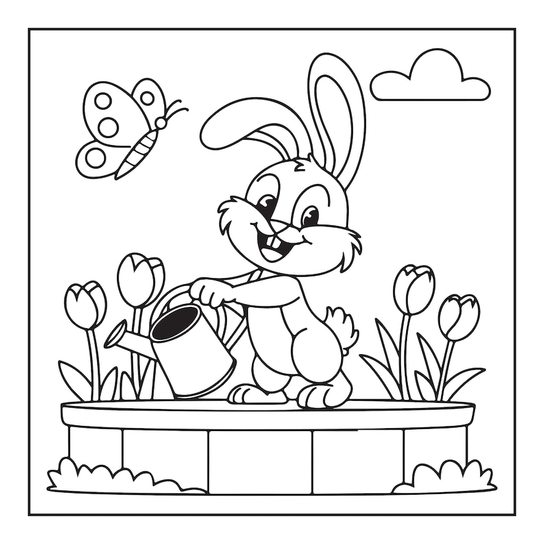 May include: A black and white line art coloring page featuring a cartoon rabbit standing on a garden bed, holding a watering can. The scene includes four tulips, a butterfly flying in the upper left corner, and a single cloud in the sky.