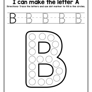 A printable worksheet featuring dotted tracing guidelines for the letter B and a large outline of the letter B filled with circles above the text A is for Bird.