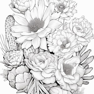 Pode incluir: Uma ilustra&ccedil;&atilde;o de arte linear em preto e branco apresentando um arranjo denso de v&aacute;rias flores desabrochando e um cacto alto e esguio. O desenho mostra p&eacute;talas detalhadas, centros texturizados e espinhos de cacto em uma composi&ccedil;&atilde;o.
