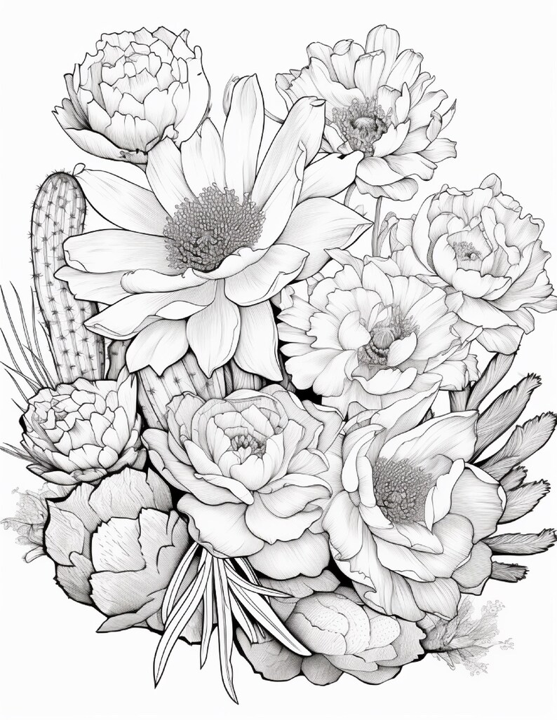 Pode incluir: Uma ilustra&ccedil;&atilde;o de arte linear em preto e branco apresentando um arranjo denso de v&aacute;rias flores desabrochando e um cacto alto e esguio. O desenho mostra p&eacute;talas detalhadas, centros texturizados e espinhos de cacto em uma composi&ccedil;&atilde;o.