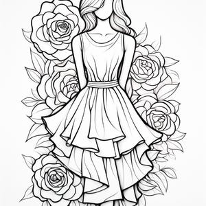 Pu&ograve; includere: Un'illustrazione in bianco e nero a tratto che raffigura una figura senza volto che indossa un abito senza maniche con una gonna a balze stratificata. La figura &egrave; circondata da grandi rose dettagliate e foglie come sfondo.