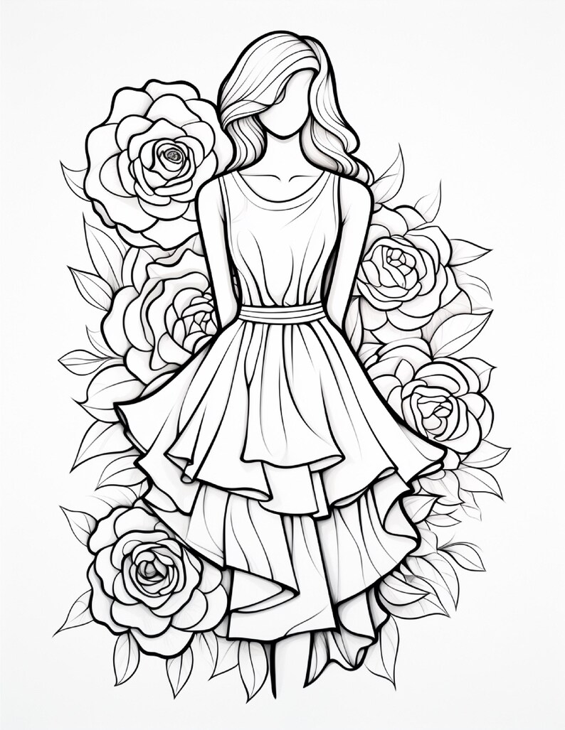 Pu&ograve; includere: Un'illustrazione in bianco e nero a tratto che raffigura una figura senza volto che indossa un abito senza maniche con una gonna a balze stratificata. La figura &egrave; circondata da grandi rose dettagliate e foglie come sfondo.
