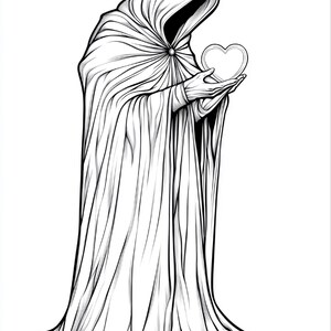 Puede incluir: Una ilustraci&oacute;n de arte lineal en blanco y negro de una figura encapuchada con una capa larga y fluida. La figura tiene las manos extendidas hacia adelante, sosteniendo el contorno de un coraz&oacute;n simple. El dibujo presenta sombreados detallados.
