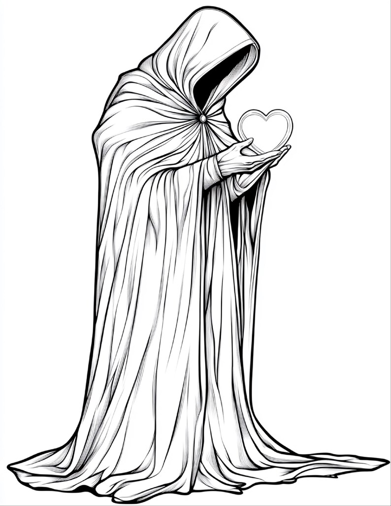 Puede incluir: Una ilustraci&oacute;n de arte lineal en blanco y negro de una figura encapuchada con una capa larga y fluida. La figura tiene las manos extendidas hacia adelante, sosteniendo el contorno de un coraz&oacute;n simple. El dibujo presenta sombreados detallados.