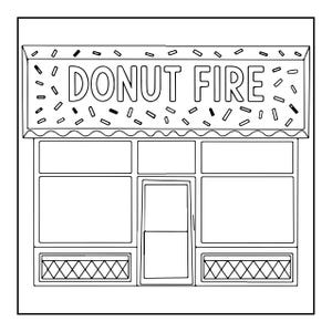 Op de afbeelding: Een zwart-wit lijntekening kleurplaat van een winkelpui met een bord met de tekst DONUT FIRE. Het bord is versierd met kleine streepjes die hagelslag voorstellen. Het gebouw heeft een centrale deur en grote ramen aan weerszijden.