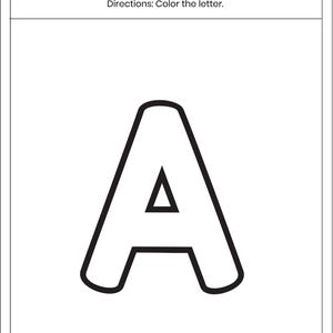 May include: A black and white printable worksheet titled Letter Coloring with the directions Color the letter. The page features a large, bold, outlined uppercase letter A centered in the middle, ready for coloring within the black lines.