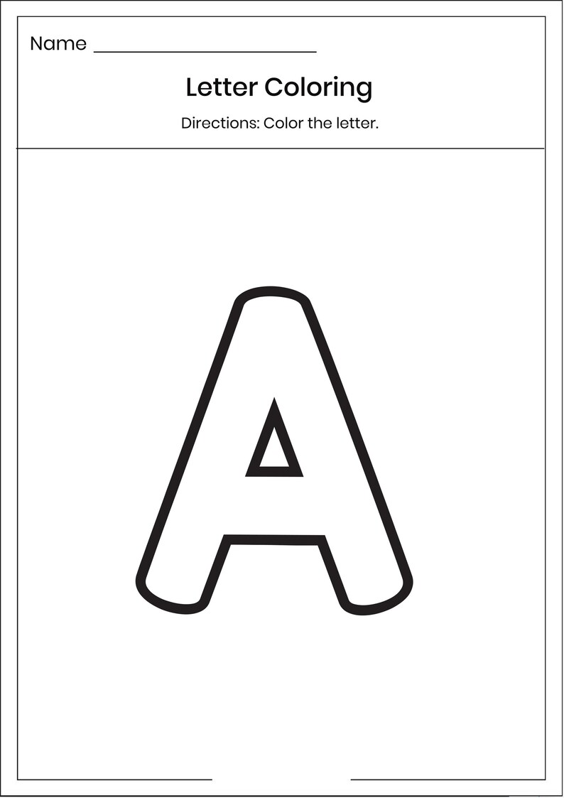 May include: A black and white printable worksheet titled Letter Coloring with the directions Color the letter. The page features a large, bold, outlined uppercase letter A centered in the middle, ready for coloring within the black lines.