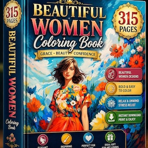 Pu&ograve; includere: Un libro da colorare intitolato Beautiful Women Coloring Book con 315 pagine. La copertina mostra una persona con una camicia a fiori su uno sfondo di cielo blu e fiori. Include etichette di testo per disegni di donne e motivi.
