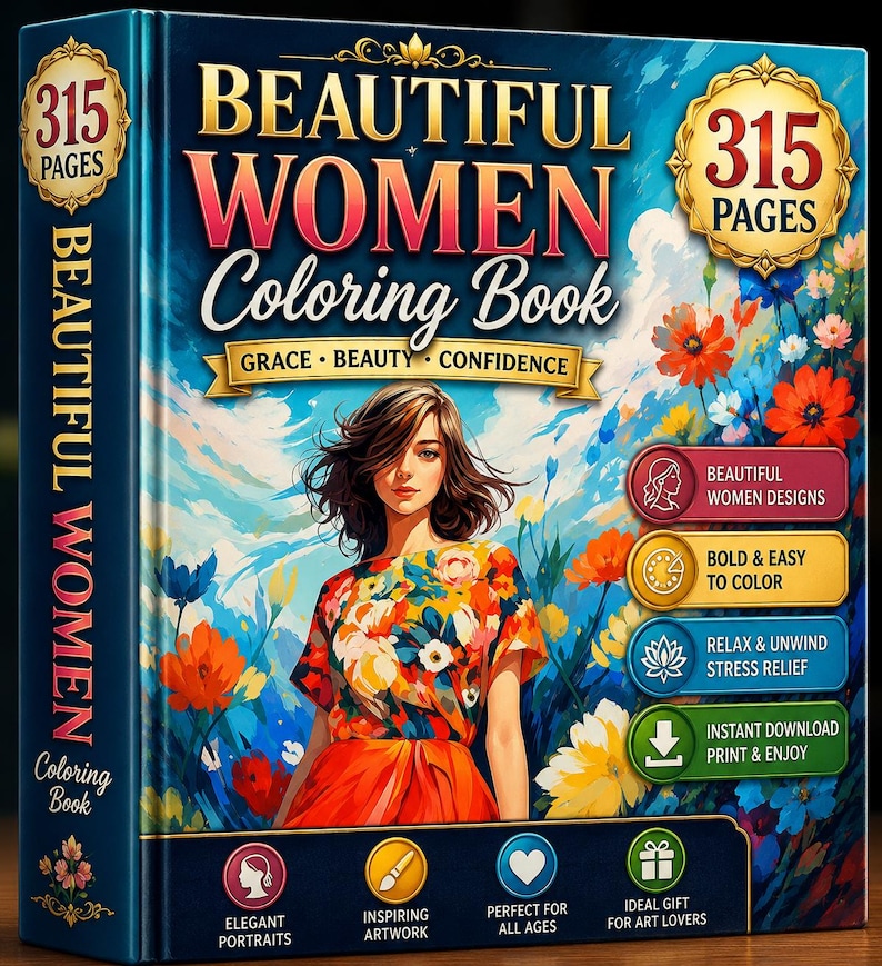 Pu&ograve; includere: Un libro da colorare intitolato Beautiful Women Coloring Book con 315 pagine. La copertina mostra una persona con una camicia a fiori su uno sfondo di cielo blu e fiori. Include etichette di testo per disegni di donne e motivi.