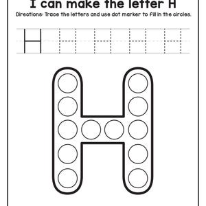 A black and white tracing and dot marker worksheet for the letter H featuring a hamster outline filled with circles.