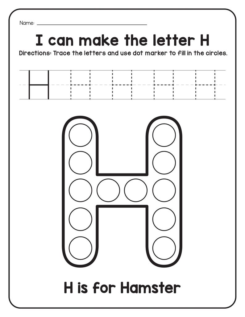 A black and white tracing and dot marker worksheet for the letter H featuring a hamster outline filled with circles.