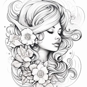 May include: A black and white line art illustration featuring a profile view of a person with long, flowing, wavy hair intertwined with several large, detailed flowers. The artwork uses smooth, sweeping strokes to define the hair and petals.