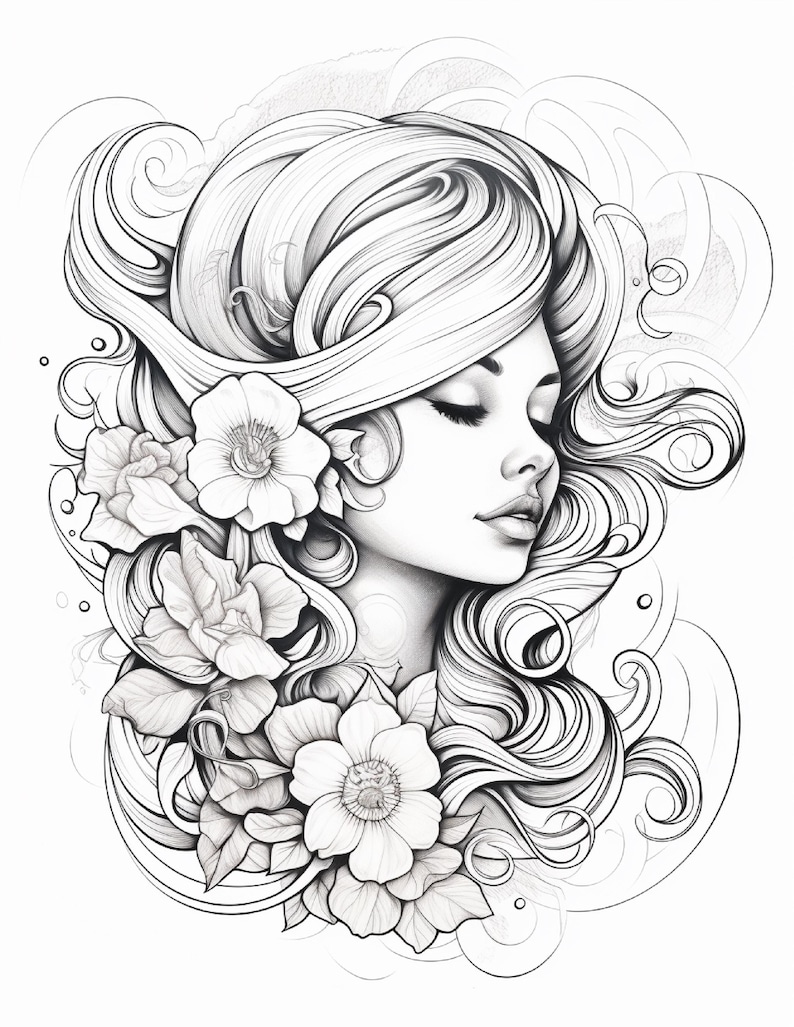 May include: A black and white line art illustration featuring a profile view of a person with long, flowing, wavy hair intertwined with several large, detailed flowers. The artwork uses smooth, sweeping strokes to define the hair and petals.