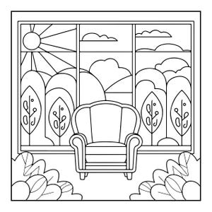 A black and white line art coloring page showing an armchair in front of a window with a sunny landscape outside.