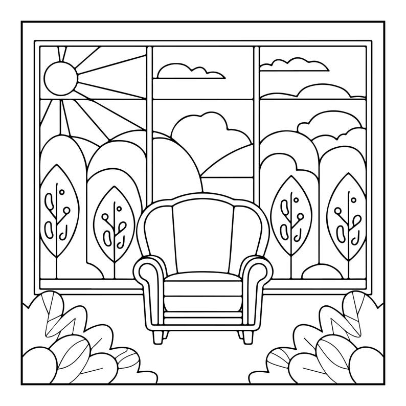 A black and white line art coloring page showing an armchair in front of a window with a sunny landscape outside.