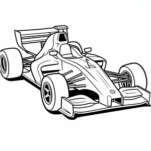 Black and white line art coloring page of an open-wheel racing car angled from the front right with a visible cockpit.