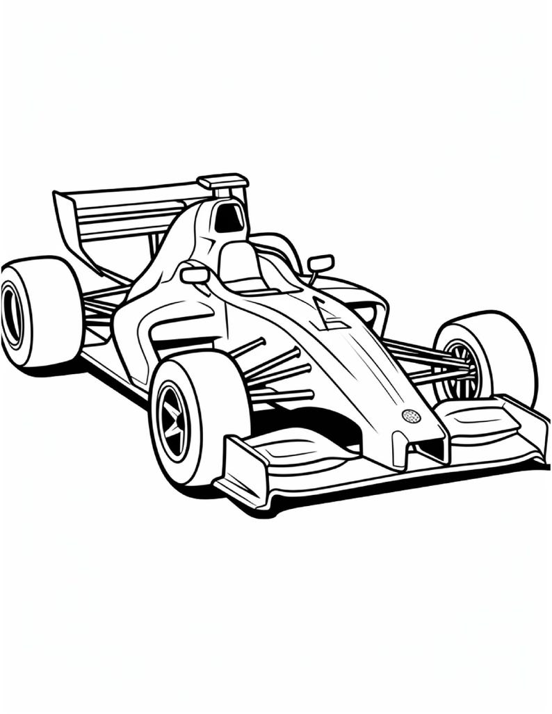 Black and white line art coloring page of an open-wheel racing car angled from the front right with a visible cockpit.