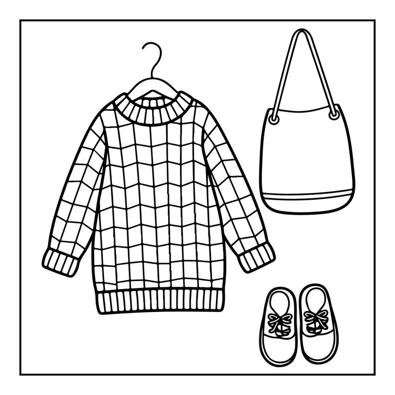 May include: A black and white line art illustration featuring a long-sleeved jumper with a grid pattern hanging on a hanger, a bucket-style shoulder bag with a single strap, and a pair of low-top lace-up trainers arranged in a simple composition.