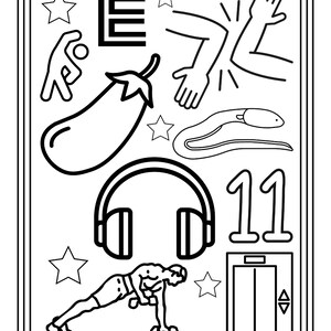 Puede incluir: Una p&aacute;gina para colorear en blanco y negro con una colecci&oacute;n de ilustraciones de l&iacute;neas que incluyen la letra E, una berenjena, una serpiente, auriculares, el n&uacute;mero 11, un ascensor, una persona haciendo ejercicio, un brazo doblado y estrellas.