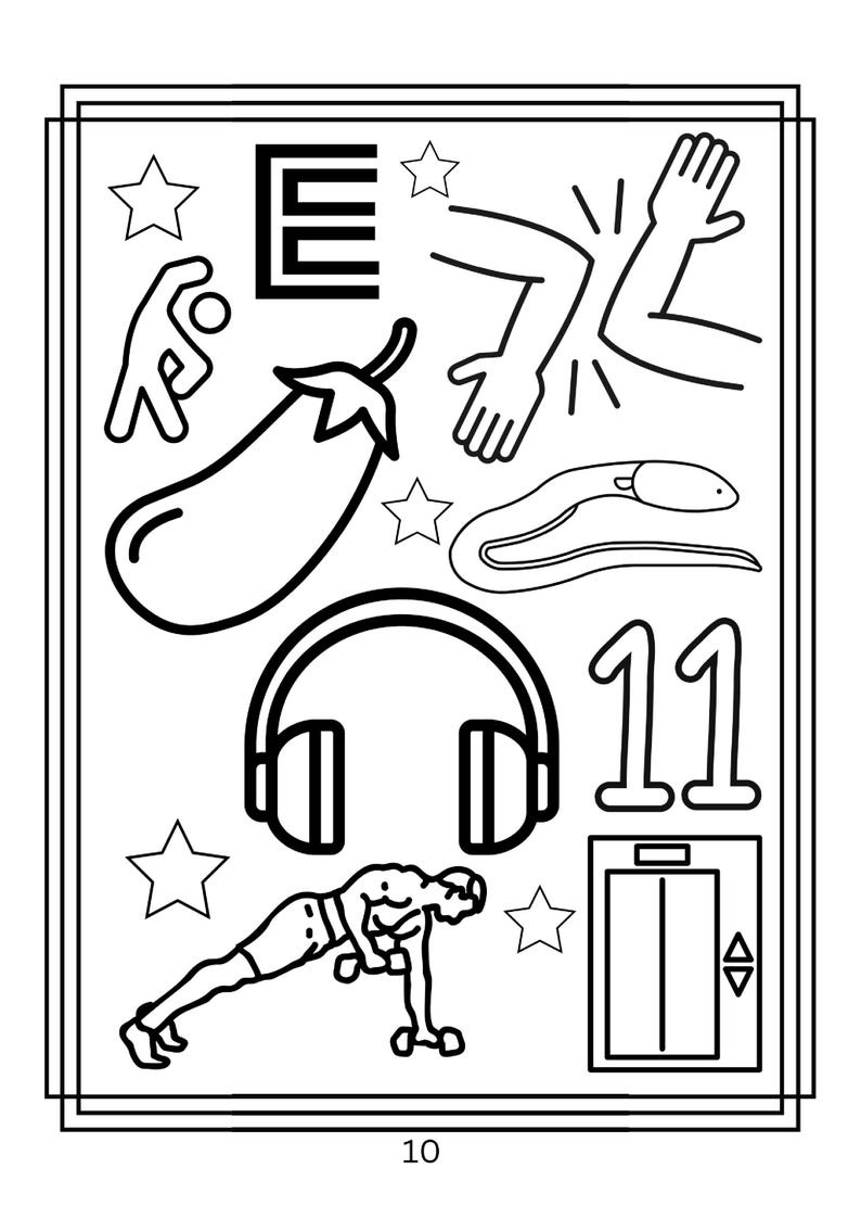 Puede incluir: Una p&aacute;gina para colorear en blanco y negro con una colecci&oacute;n de ilustraciones de l&iacute;neas que incluyen la letra E, una berenjena, una serpiente, auriculares, el n&uacute;mero 11, un ascensor, una persona haciendo ejercicio, un brazo doblado y estrellas.